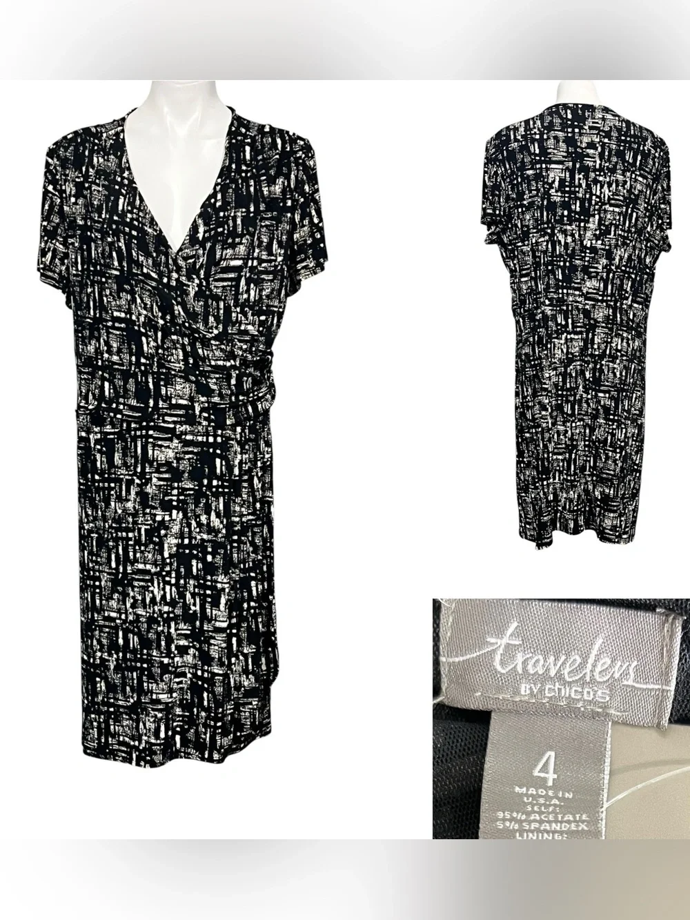 Chico's Travelers dress XXL/20 Black/White Faux-Wrap stretch knee length